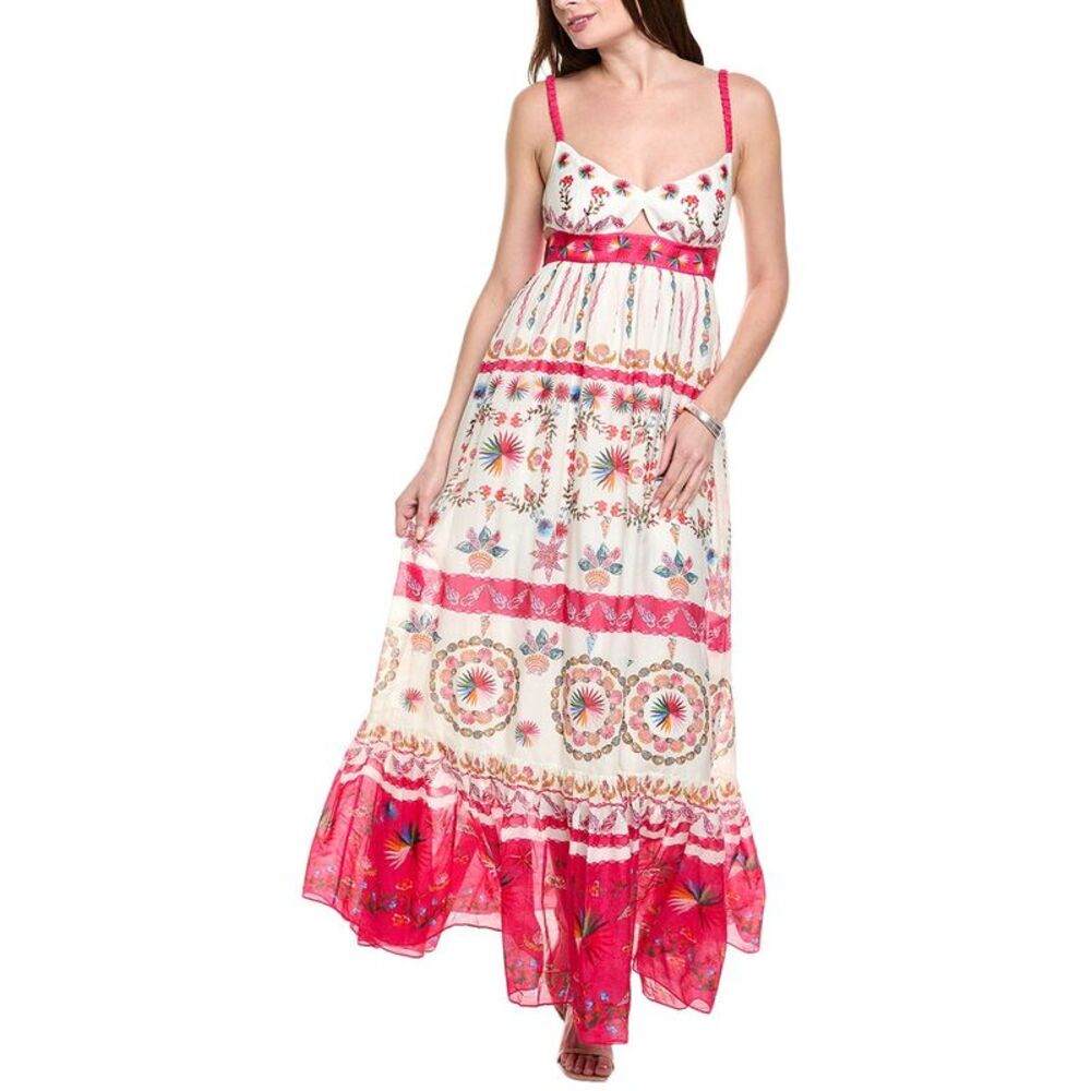 Saloni Womens Linen Bodice Silk-Blend Maxi Dress, Beige